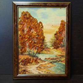Картина с янтарём "Осенний лес", размер полотна 14.5х20.5 см. 
